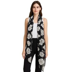 Womens Black White Floral Scarf Lightweight Versatile Wrap One‎ Size